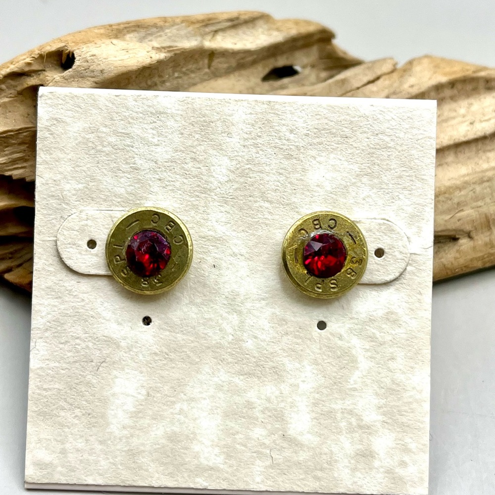 Elegant Brass Bullet and Red Swarovski Crystal Bullet Stud Earrings